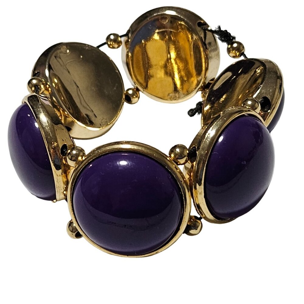 Vintage Purple Gold Tone Round Cabochon Beads Stretch Bracelet Fashion Jewelry